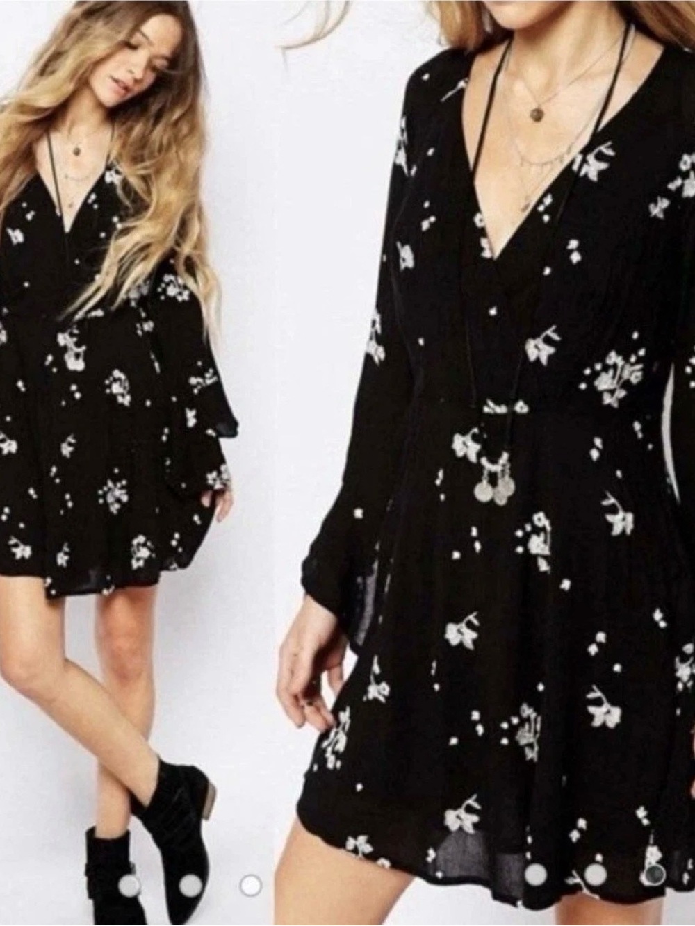 Free People Black Mini Dress with White Floral Print